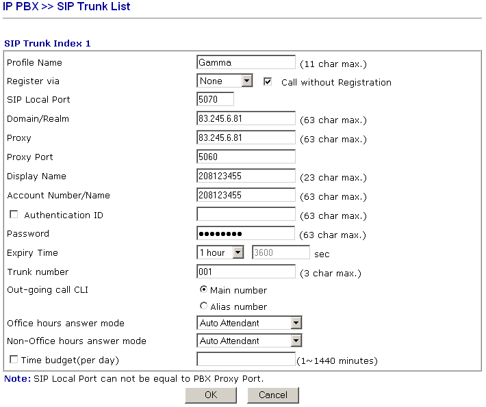 SIP Trunk menu