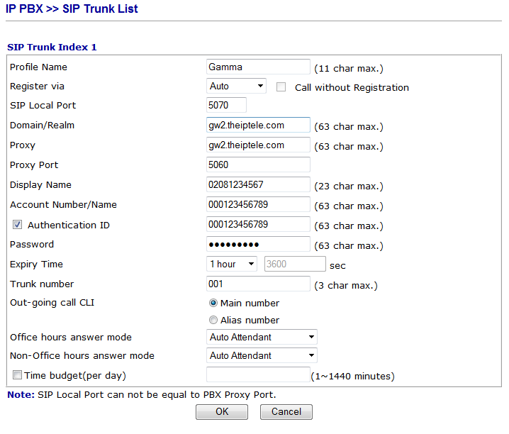 SIP Trunk menu